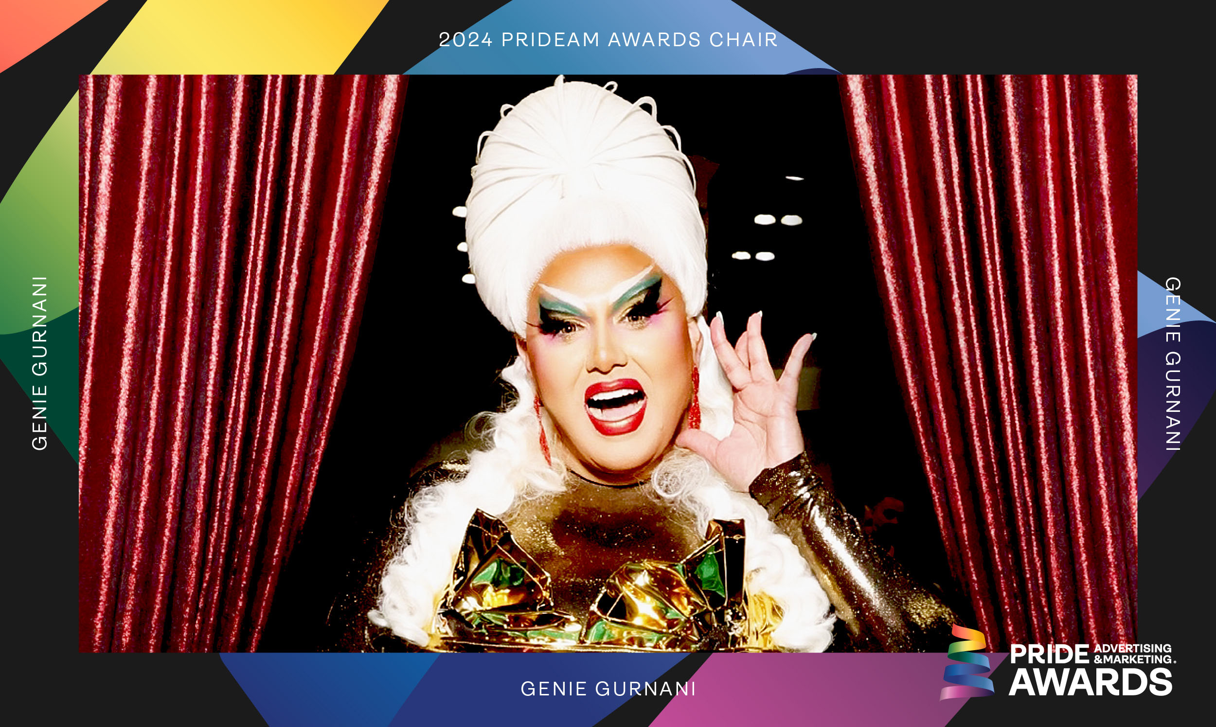 A photo of Genie Gurnani in drag surrounded by messaging supporting her position as the Judging Chair of the 2024 PrideAM Awards.